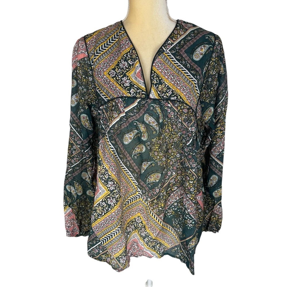 NWT Molly Bracken Dark Green Paisley V-Neck Peasant‎ Blouse Large